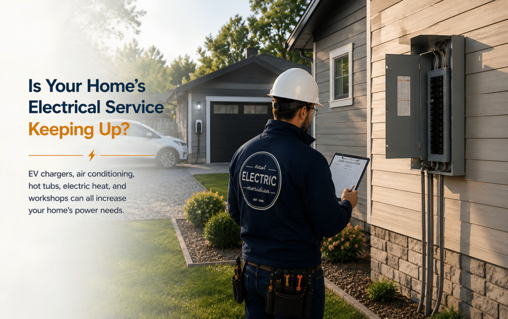 East Meridian Electric electrician evaluating the electrical service size of a residential panel in a home in the RM of Macdonald, Manitoba.