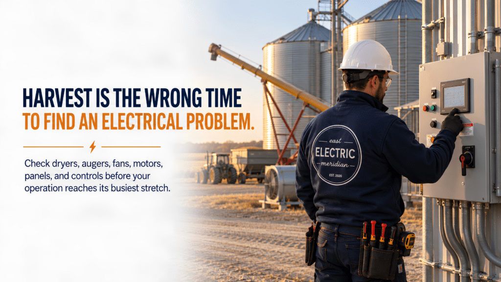 Agricultural electrician in RM of Macdonald inspecting farm electrical equipment before harvest.