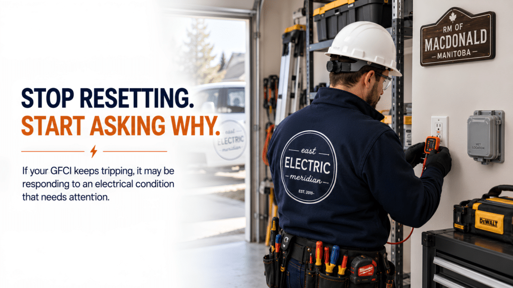 Residential electrician in RM of Macdonald inspecting a GFCI outlet that repeatedly trips.