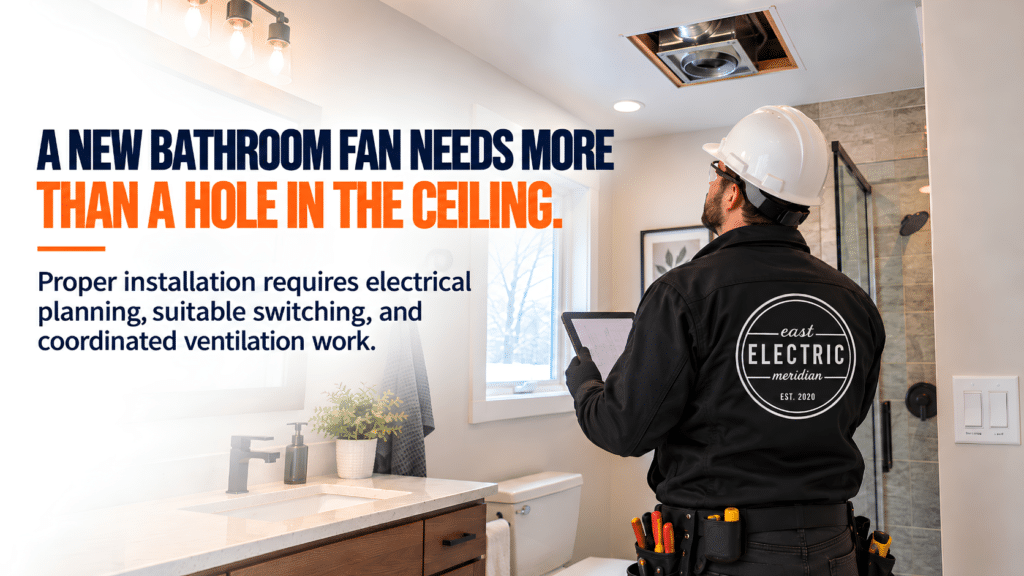 Residential electrician in RM of Macdonald reviewing electrical requirements for a new bathroom exhaust fan installation.