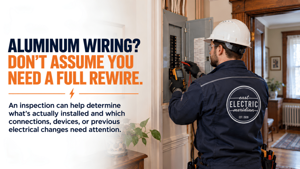 Residential electrician in RM of Macdonald inspecting aluminum wiring and electrical connections in an older home.
