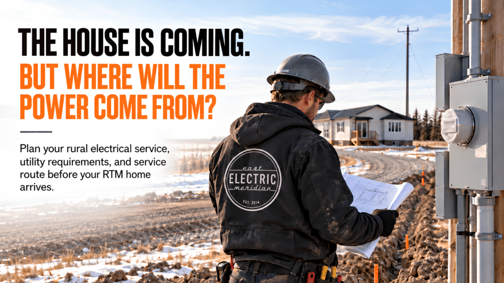  Residential electrician in RM of Macdonald reviewing electrical service requirements for a new RTM home on a rural property.
