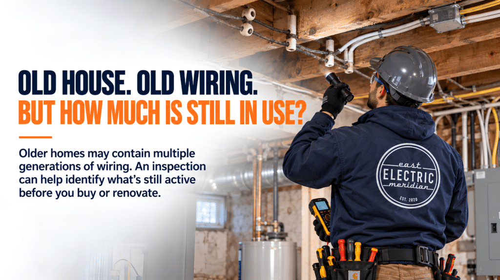 Residential electrician in RM of Macdonald inspecting knob-and-tube wiring in an older home.