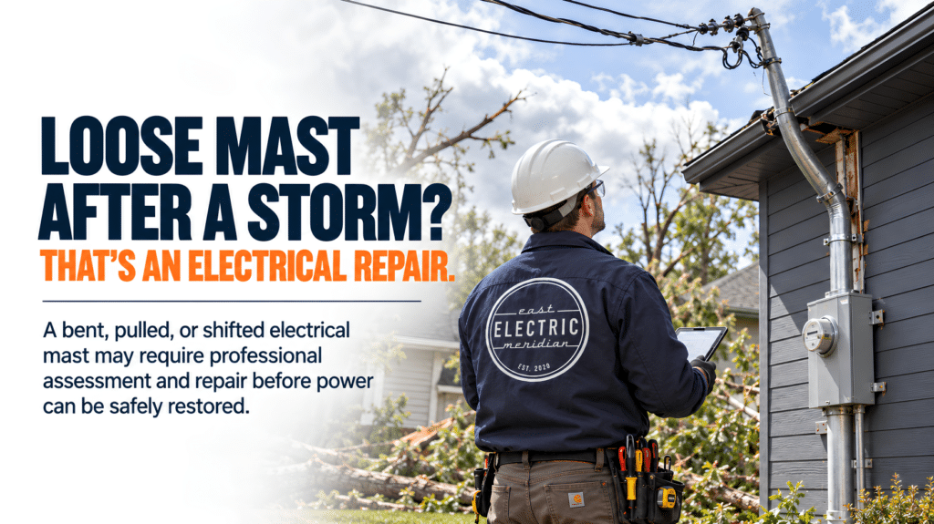 Residential electrician in RM of Macdonald assessing a storm-damaged overhead electrical service mast.